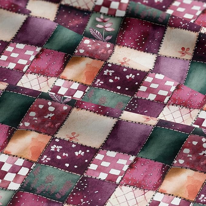 Plum Garden Patchwork Cotton Fabric – Elegant Burgundy & Green Patchwork Print Cotton 140 GSM, Panel 61 x 36.6 Inches, Pre-Cut Sewing Fabric Panel for Quilting, Crafts & Home Decor (USA Size)