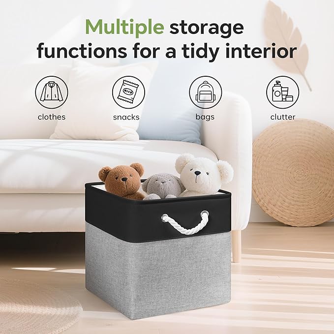 ECDYQXVU 13x13 Inch Cube Storage Bins with Reinforced Bottom Cardboard, 6 Pack Large Foldable Fabric Storage Cubes with Handles for Shelf, Closet, Laundry Organization (Black&Gray)