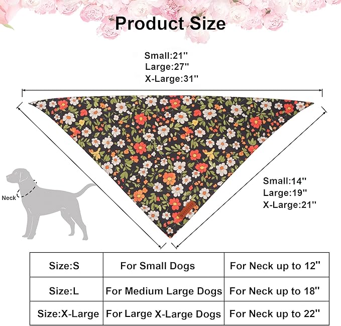 ADOGGYGO Floral Dog Bandana, Black Pink Flower Pet Scarf, Premium Durable Fabric, Cute Floral Bandanas for Medium Large Dogs (Large)