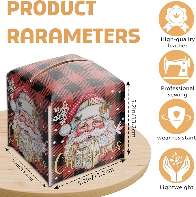Merry Christmas Tissue Box Holder, Santa Claus Red Checkered Leather Tissue Box Cover Square, Paper Facial Decorative Tissues Cover for Night Stands Bathroom Office Home Decor-B16
