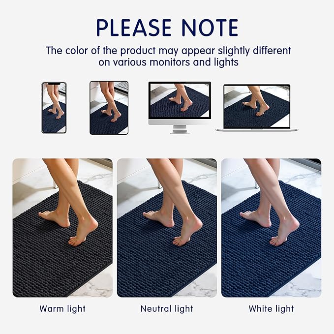 SUBRTEX Bathroom Rugs, 20" x 32" Chenille Bath Rug Soft Short Plush Bath Mat Soft Shower Mat Water Absorbent Shower Mat Quick Dry Machine Washable, Navy
