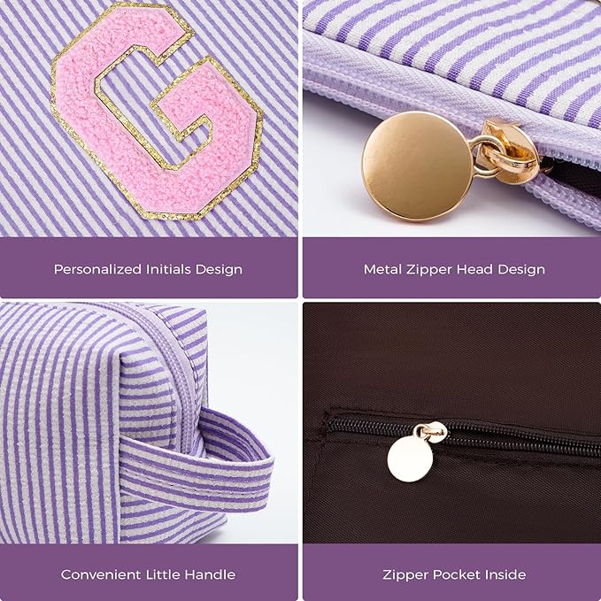 Btffitting Personalized Makeup Bag for Women Girls - Fashion Cosmetic Bag Trendy Travel Toiletry Bag with Initials Letter - Teen Gifts - Lavender,G