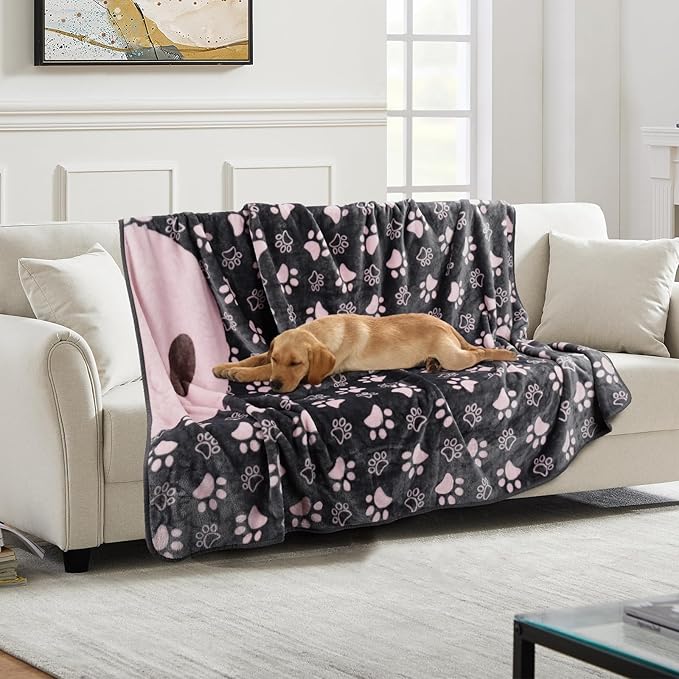 Gowyeg Dog Blankets for Large Dogs,Washable Pet Blanket, Soft Crate Bed with Paw Pattern for Kennel/Couch, Grey & Pink 80x60 Inch