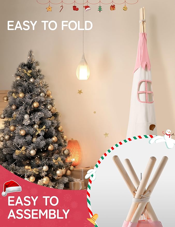 Teepee Tent for Kids Indoor,Kids Play Tent, Toddler Teepee Girls Boys, Baby Teepee, Children Room, Reading Tp,Canvas Playhouse with Lights and Mat (Peachy-Pink, Padded mat)