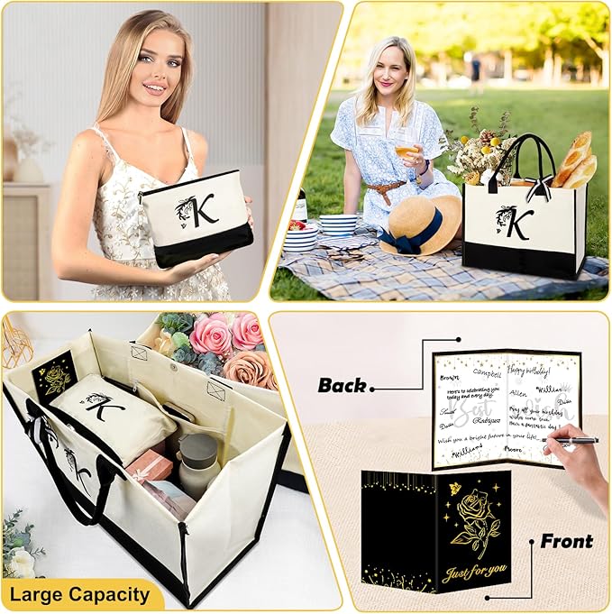 Personalized Gifts for Women - Initial Canvas Tote Bag & Makeup Bag, Custom Bags for Beach, Christmas, Wedding, Birthday, Holiday, Monogram Birthday Gifts for Women, Mom, Wife, Teacher, Friend - K