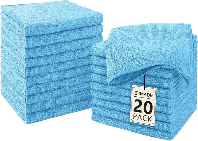 UNIMADE Washcloths - 20 Pack - Face Towels (12" x 12"), Highly Soft Wash Cloths and Hand Towels, Fast Drying Multi-Purpose Microfiber Cleansing Cloths for Bathroom, Hotel, Spa, and Salon - Blue