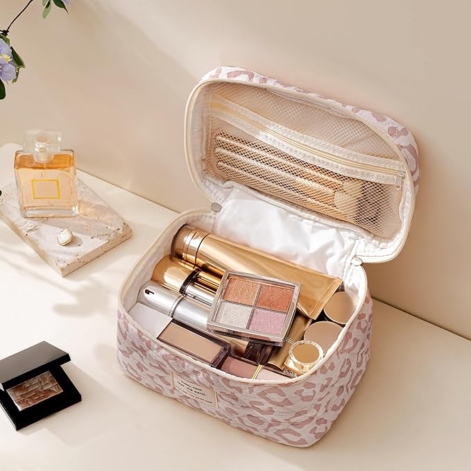 HBselect Christmas Gifts Large Quilted Makeup Bag, Cute Cotton Travel Makeup Bag with Handle, Portable Coquette Floral Make up Bags, Toiletry Organizer Make up Bags for Women Teen Girls Mom