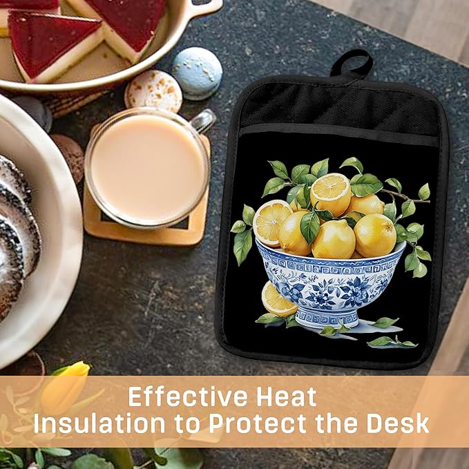 Chinoiserie Lemon Pot Holders with Pockets, Blue and White Grandmillennial Lemon Tree Oven Pot Holders Heat Resistant Oven Mitts Hot Pads for Kitchen Baking Cooking