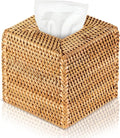 Kigley 1 Pcs Square Rattan Tissue Box Cover Boho Wicker Tissue Cube Box Cover 5.5'' x 5.5'' x 5.5'' Decorative Natural Wicker Hand Woven Napkin Box Holder Bathroom Office Car Accessories (Wood)