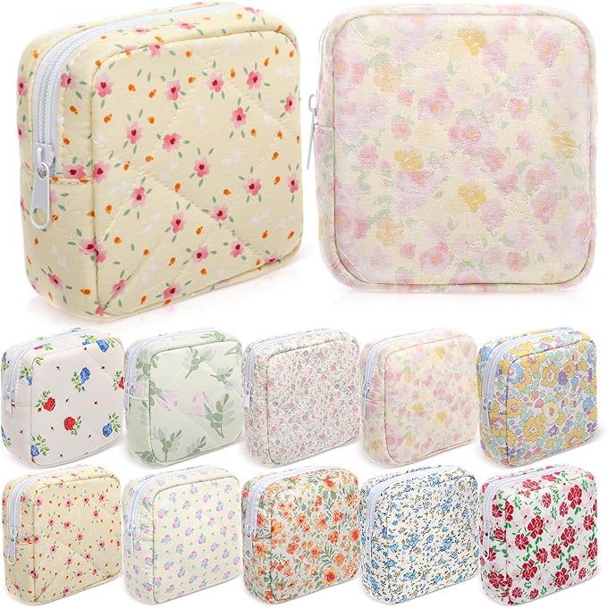 Paterr 10 Pcs Quilted Makeup Bag Bulk Cotton Floral Cosmetic Bag Women Girls Bridesmaid Gifts Cute Makeup Pouch Coquette Aesthetic Travel Toiletry Organizer(Floral Style,5.12 x 4.72 x 1.97 Inches)