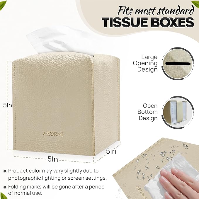 Tissue Box Cover Holder, PU Leather Tissue Box Cover Square with Bottom Belt, Cube Tissue Holder for Bathroom, Modern Organizer for Car, Office, Tabletop (Beige, 14 Leather Patterns)