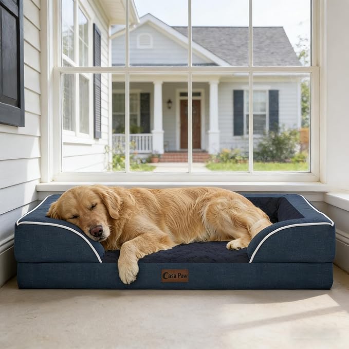 Casa Paw Orthopedic XL Dog Beds, Waterproof Memory Foam Big Pet Bed for Extra Large Sized Dogs 45x35Inch, Non-Slip Bottom and Egg-Crate Foam Dog Couch Bed with Washable Removable Cover, Navy Blue