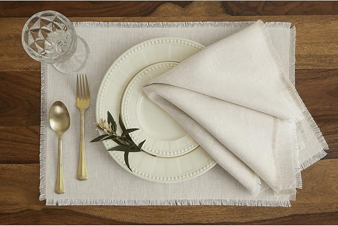 Solino Home Linen Light Natural Placemats Set of 4-100% Pure Linen Placemats 14 x 19 Inch for Spring, Easter - Fringe