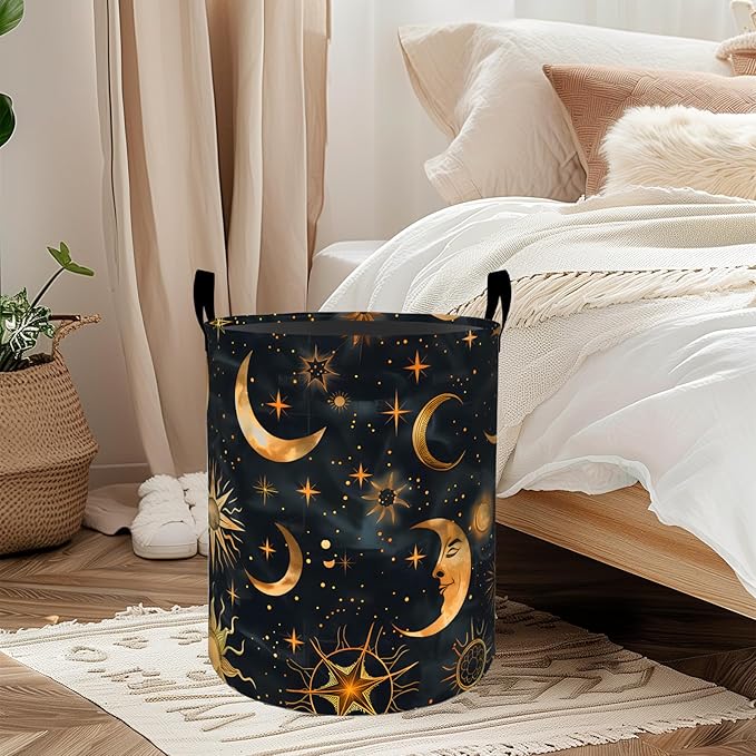 ainori Moon and Sun Laundry Basket, Oxford Cloth Mystical Dreamy Dirty Clothes Collapsible Hamper for Room Decor, Star Celestial Print Gifts Toy Organizer 19.7 * 15.8 Inch for Bedroom Bathroom Dorm