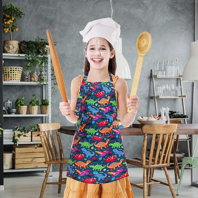 Sylfairy Aprons for Kids Girls Rainbow Unicorn Apron Children Kitchen Chef Aprons Smock (Green+Dinosaur, Small,3-5Years)