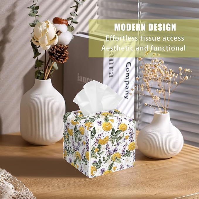 BLYKVGHQ Square Tissue Box Cover Orange Fruits and Lavender Flowers Tissue Box Holder Facial Cube Paper Dispenser Leather Decorative Organizer Home Office Desk Decor, 5.2"x5.2"x5.2"