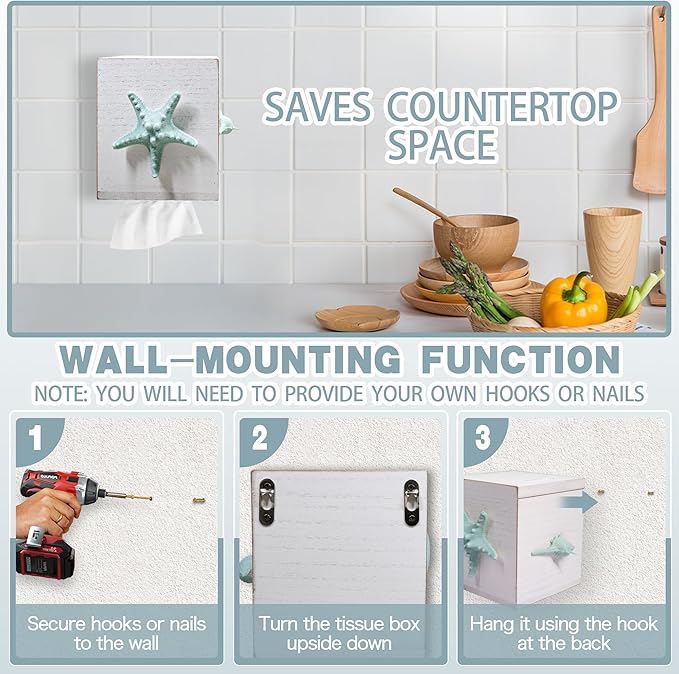 Tissue Box Cover Square, Beach Tissue Box Holder with Slide-Out Bottom, Decorative Wooden Wall Mounted Starfish Tissue Holder for Desktop Nightstand Bathroom Office, Modern Beach Home Decor
