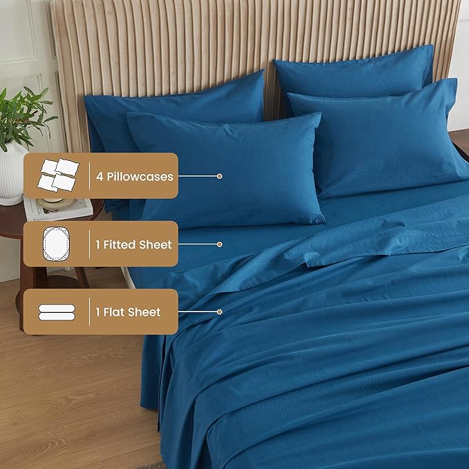 Simple&Opulence Belgian Linen Sheet Set Solid Color - 6 Pieces (1 Flat Sheet & 1 Fitted Sheet & 4 Pillowcases) 16" Deep Pocket Natural Flax Cotton Blended Soft Bedding - Navy Blue, California King