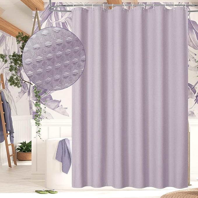MitoVilla Purple Waffle Small Stall Shower Curtain 36 x 72, Half Size Fabric Narrow Shower Curtains for Bathroom Decor, 36 inch Weighted Shower Curtain Set with Plastic Hooks, Lavender