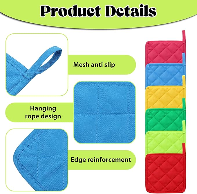 24 Pcs Pot Holders for Kitchen, 7 Inch Multicolor Cotton Pot Holders Square Hot Pads Heat Resistant Potholder with Hanging Loops for Cooking, Baking,Pots, Plates, Kitchen Decor, Gifts