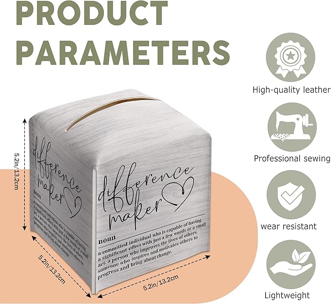 Square Tissues Cube Boxes Cover, Wood Pattern Leather Tissue Box Cover Holder, Inspirational Quote Gift Ideas for Friends, Difference Maker Decor for Bathroom Office-(5.2 Inches) A22