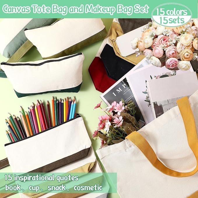 Sanwuta Canvas Tote Bags Bulk with Zipper Cosmetic Pouch 18.5" Reusable Cotton Shopping Bag with Handle for DIY Craft