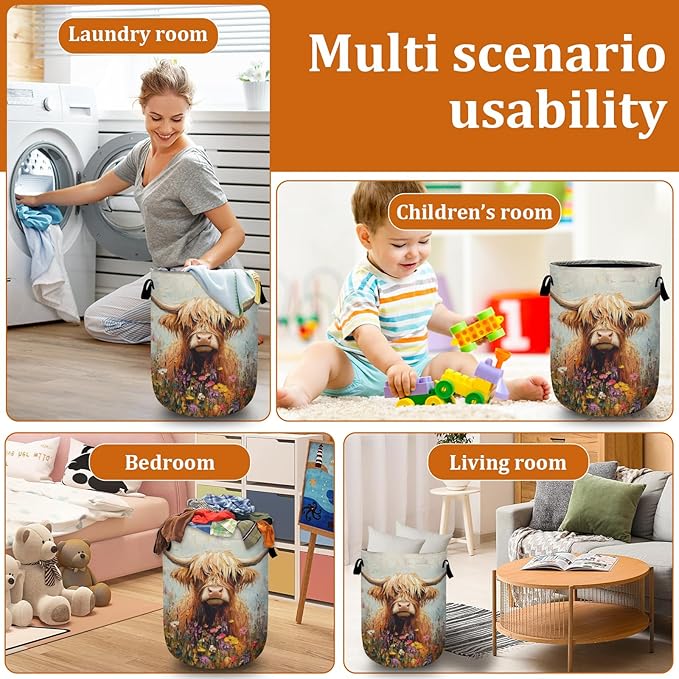 Watercolor Highland Cow Flower Laundry Basket with Sturdy Handles, Collapsible Oxford Cloth Laundry Hamper Organizer Basket for Bathroom Bedroom 15.7x20 Inch