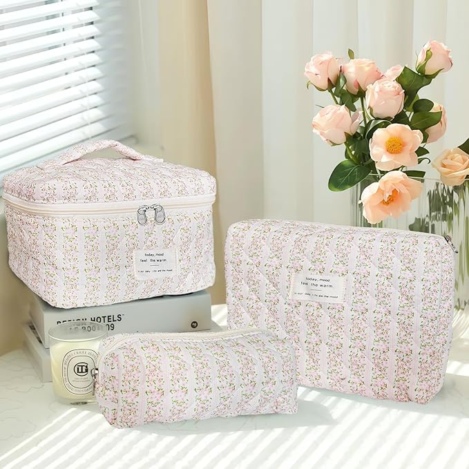 Cozomga Quilted Makeup Bag, Large Capacity Travel Cosmetic Bag for Women and Girls, Aesthetic Storage for Daily and Travel Use (3pcs-pinkleavesflowers)
