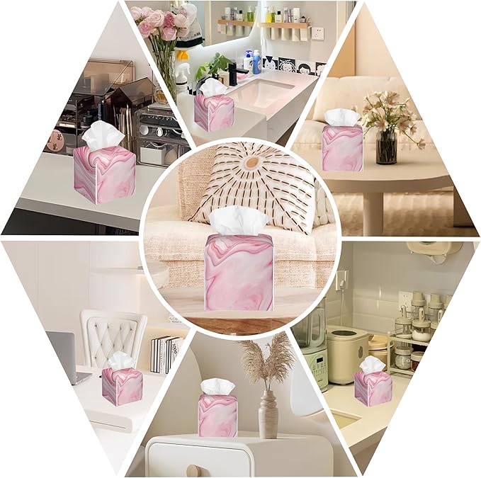 BLYKVGHQ Pink Liquid Marble Tissue Box Cover Square, Tissue Box Holder with Bottom Belt Leather Facial Paper Organizer Dispenser for Bathroom Bedroom Dresser Night Stand Tabletop
