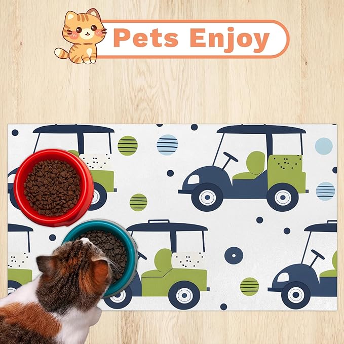 Eizlang Cartoon Golf Dog Cat Food Mat,12"x20" Inches Rapid Absorbent Pet Feeding Mat,Pets Placemat Water Bowl Mats with Rubber Backing,No Stains Cat Dog Feeding Mats Indoor,Pet Accessories Supplies