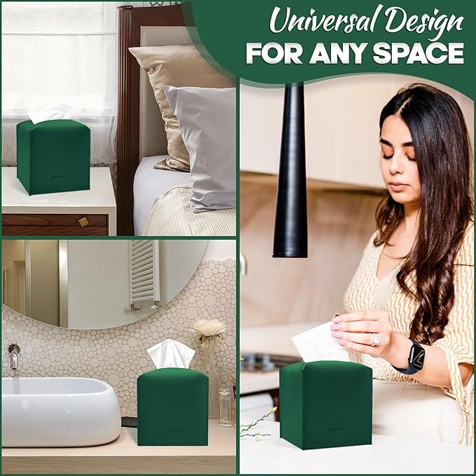Tissue Box Cover Holder, PU Leather Tissue Box Cover Square with Bottom Belt, Cube Tissue Holder for Bathroom, Modern Organizer for Car, Office, Tabletop (Green., 14 Leather Patterns)