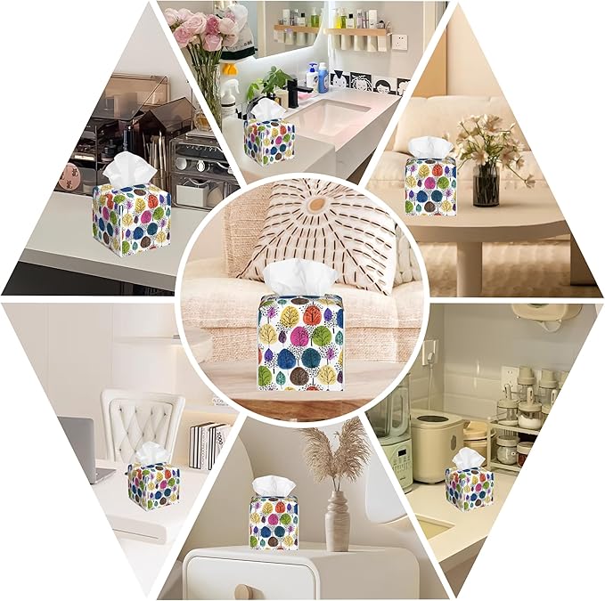 BLYKVGHQ Colorful Abstract Trees Tissue Box Cover Square, Tissue Box Holder with Bottom Belt Leather Facial Paper Organizer Dispenser for Bathroom Bedroom Dresser Night Stand Tabletop