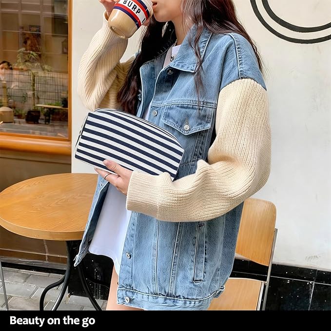 STARDW Striped Cotton Makeup Bag, Cute Cosmetic Pouch with Canvas Lining & Zipper, Travel Toiletry Bag