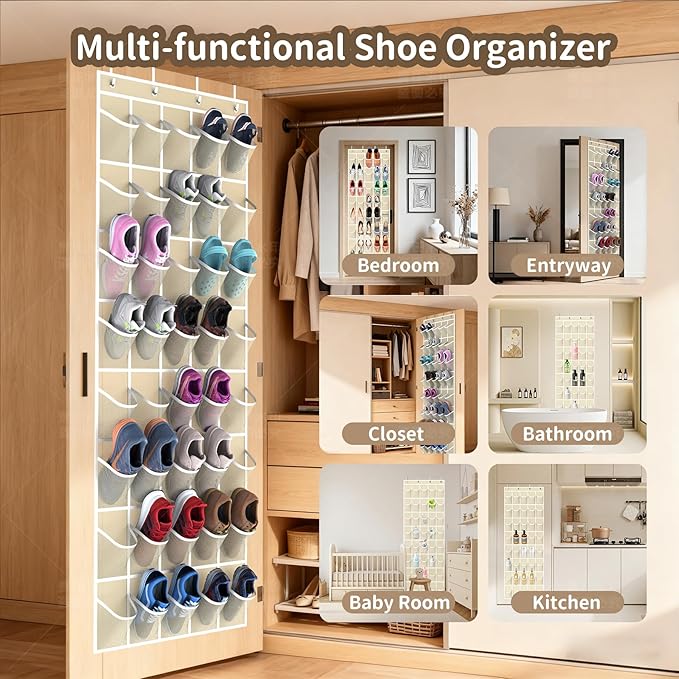 Gisiyunly Over the Door Shoe Organizer with 40 Large Pockets, Multi-Purpose Storage for Shoe and Accessories, Durable Fabric with Adjustable Hooks for Home Closet Bedroom Entryway -Beige