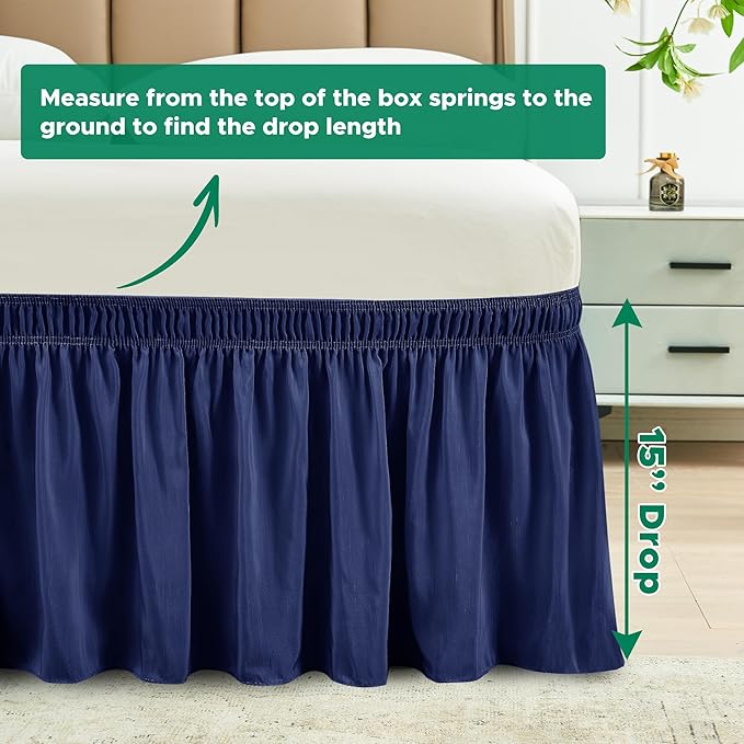 Biscaynebay Wrap Around Bed Skirts for Full & Full XL Beds 15" Drop, Navy Adjustable Elastic Dust Ruffles Easy Fit Wrinkle & Fade Resistant Silky Luxurious Fabric Machine Washable