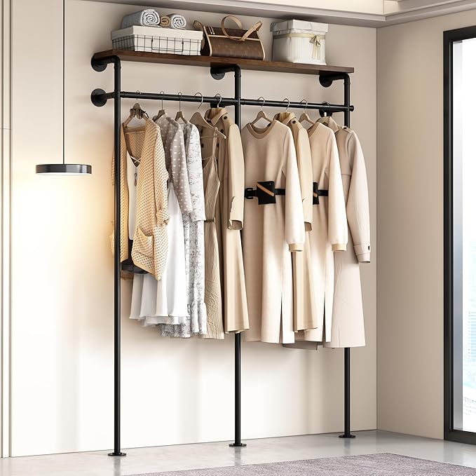 KAILNKISS Industrial Pipe Clothes Rack, Wall Mounted Clothing Rack with Shelves, Heavy Duty Closet Organizers Wardrobe Multi-Purpose Storage Clothes Hanging Shelf-59''L Black