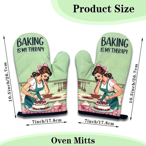 2 Pack Funny Baking Oven Mitts for Women, Baking is My Therapy, Retro Housewife Heat Resistant Mitts, Birthday Gifts for Bake Lovers, Sweet Housewarming Gifts for Hostess Mom Wife Friend