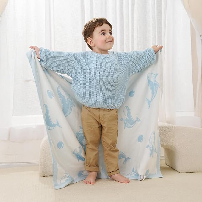 SWaddle AN Whale Jacquard Baby Blanket, Size 30x40in, 100% Cotton Fabric, Two-Sided Breathable Throw Blanket for Boys and Girls