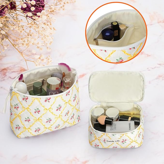 HAOGUAGUA 2 Pieces Makeup Bag, Small Large Quilted Cosmetic Bag, Travel Floral Make Up Toiletry Organizer Bag for Women Girls (2PCS STYLE B-6)