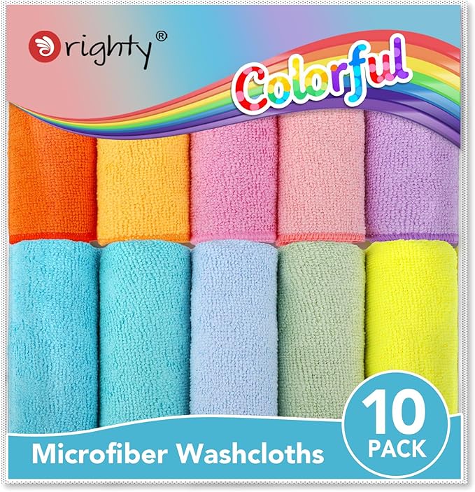 Orighty Washcloths Towels Set 10 Pack, Highly Absorbent and Soft Feel Microfiber Face Cloths, Multi-Purpose Wash Cloths & Hand Towels for Bathroom, Hotel, Spa, and Gym, 11.5x11.5 Inch, Multicolor