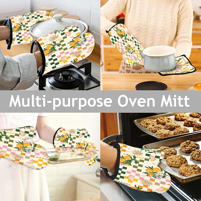 Summer Oven Mitts and Pot Holders Set, Lemon Orange Heat Resistant Oven Gloves - Comfortable and Easy to Clean - Perfect Kitchen Accessories for Durability and Style