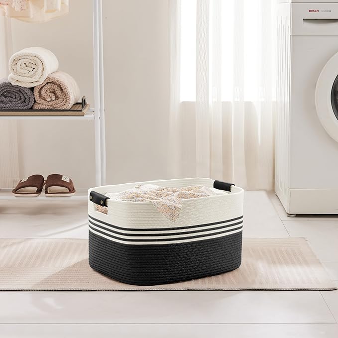 SunNewt 45L Small Laundry Basket with Leather Handles for Living Room Storage, Woven Rope Baskets Bin for Blanket, Kids Toy, Gifts, Wicker Hamper for Bedroom Dirty Clothes, 18"x14"x11" White Black
