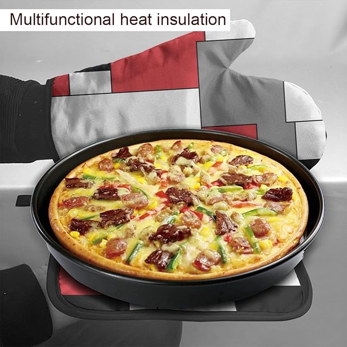 Red White Black Grey Geometric Oven Mitts and Pot Holders Insulated Gloves & Kitchen Counter Safe Mats for Cooking BBQ Baking Grilling (2-Piece Set)