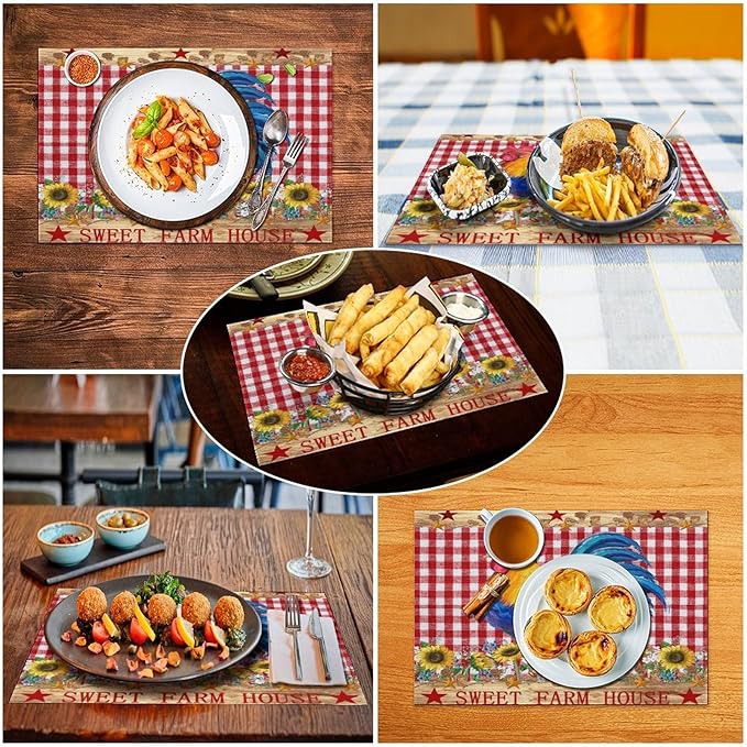 Farm Rooster Placemats, Vintage Rustic Farmhouse Lattice Sunflower Flower Chicken Animal Print Washable Fabric Placemats Table Kitchen Dining Party 12x18 Inch Set of 4