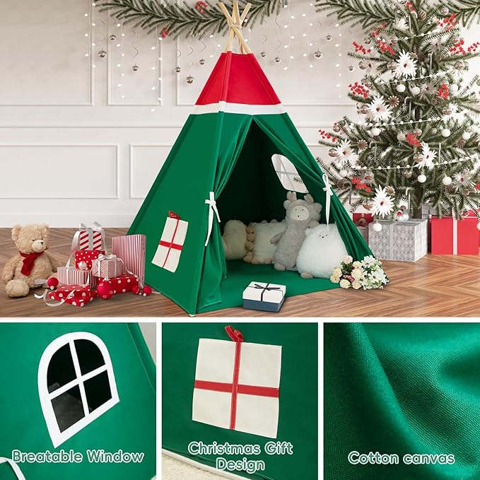 WIRHAO Christmas Tent for Kids with Padded Mat Cotton Canvas Teepee Tent Indoor for Toddlers Kids Play Tent for Girls Boys with Stars Lights, Carry Bag, Banner Flag (Merry Christmas)
