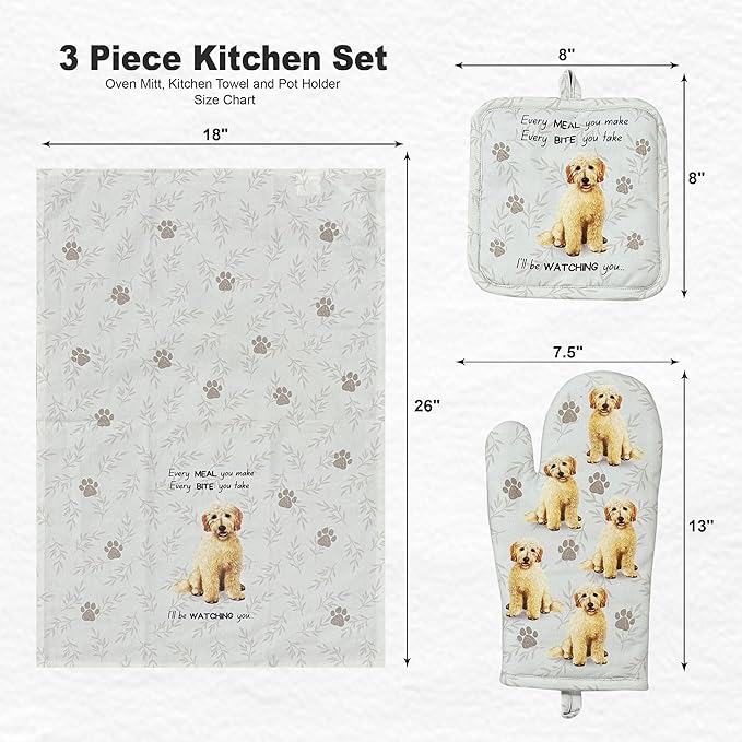 Goldendoodle 3-Piece Kitchen Set - Oven Mitt, Pot Holder & Kitchen Towel Set, Heat Resistant up to 420 F, Soft Quilted Cotton for Cooking, Baking, BBQ, Pet Lover Gifts (Goldendoodle)