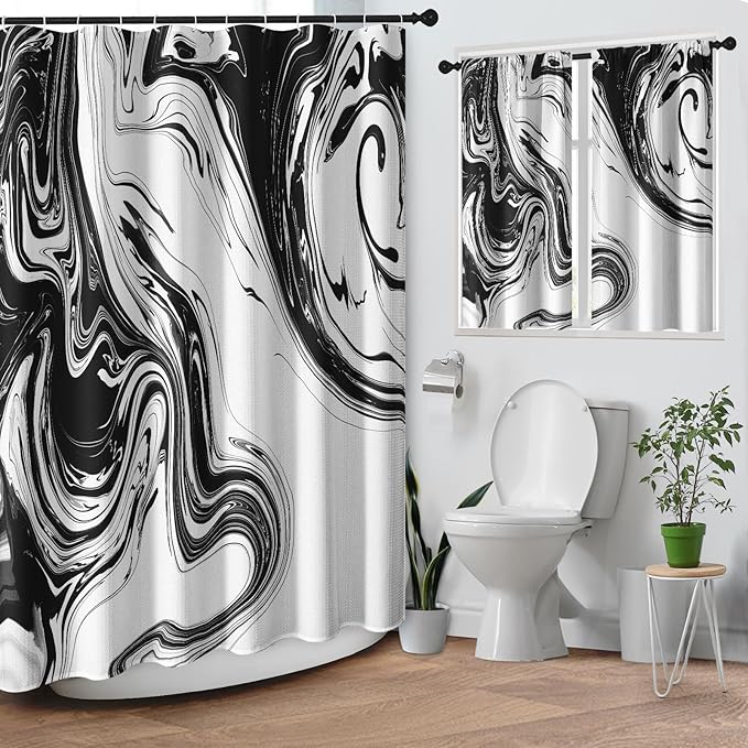 Culudea Marble Vintage Retro Shower Curtain Set, Aqua Gray Abstract Bathroom Window Waffle Cloth Waterproof Shower Curtain Set for Bathroom Decor