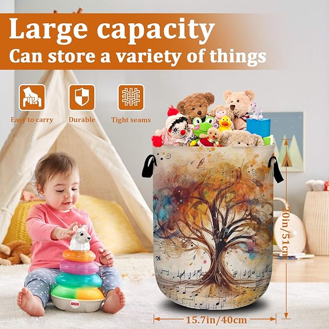 Colorful Tree Laundry Basket with Sturdy Handles, Music Notes Collapsible Oxford Cloth Laundry Hamper Organizer Basket for Bathroom Bedroom 15.7x20 Inch
