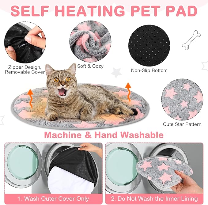 Clysee 4 Pack Self Heating Cat Bed Cat Self Warming Pad with Removable Cover Extra Warm Thermal Pet Pad Washable Pet Crate Mat Anti Slip Kennel for Indoor Outdoor Pets (Star,16 x 16 Inches)