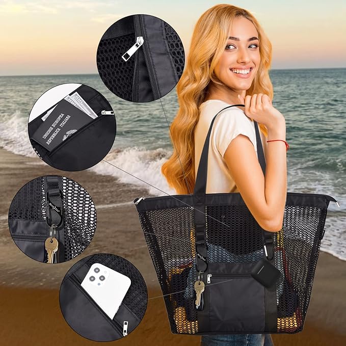 Tainehs Beach Bag - Mesh Tote Bag Beach Vacation Clothes for Women Pool Bag for Travel Pool Family Cruise Essentials 2026